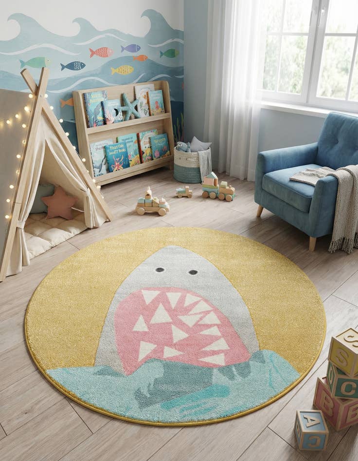 Detail image of 6' 1 x 6' 1 Shark Whimsy Kids Round Rug