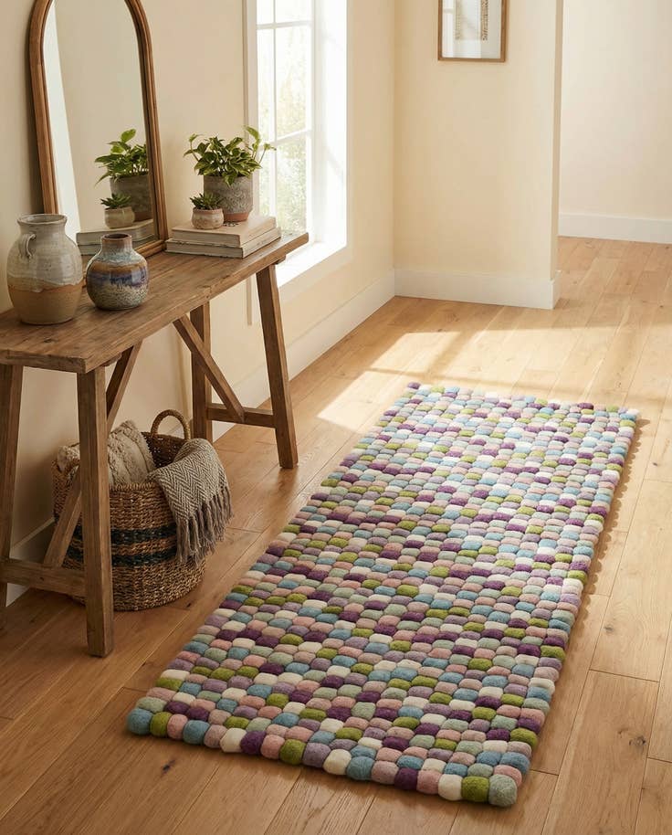 Detail image of 2' x 5' 1 Hand Woven Felt Ball Wool Runner Rug
