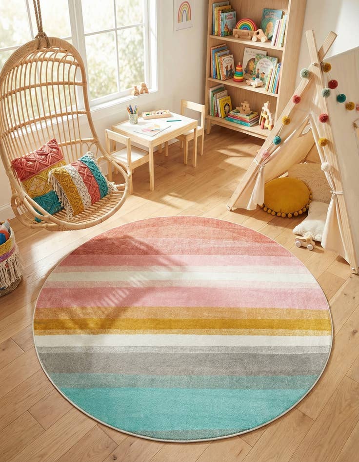 Detail image of 7' 10 x 7' 10 Rainbow Stripes Whimsy Kids Round Rug