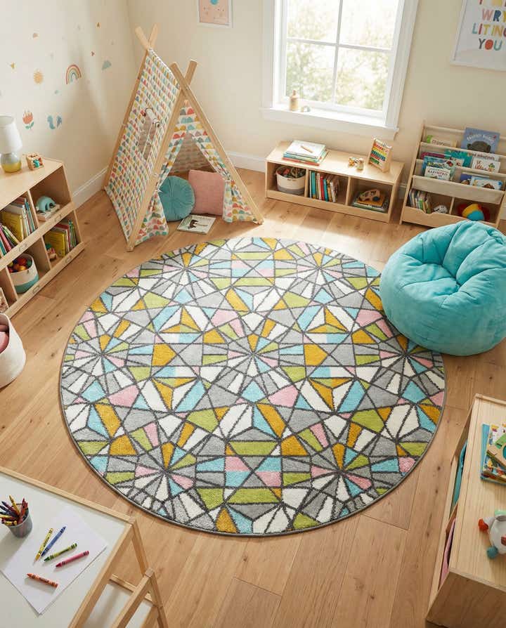 5' 1 x 5' 1 Stained Glass Whimsy Kids Round Rug