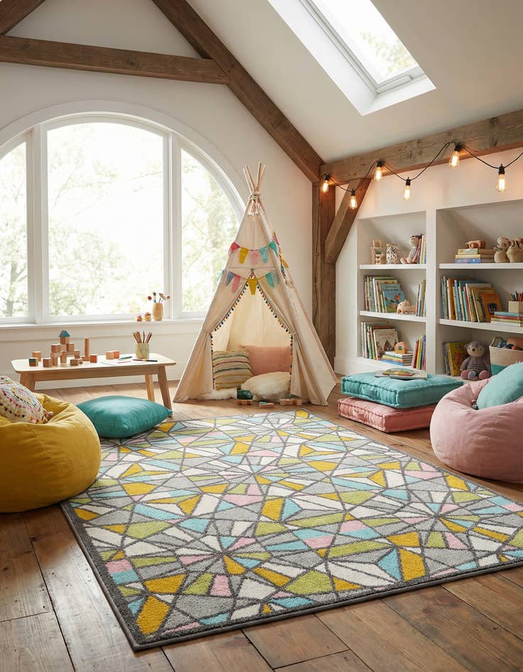 Detail image of 4' 1 x 6' 1 Stained Glass Whimsy Kids Rug