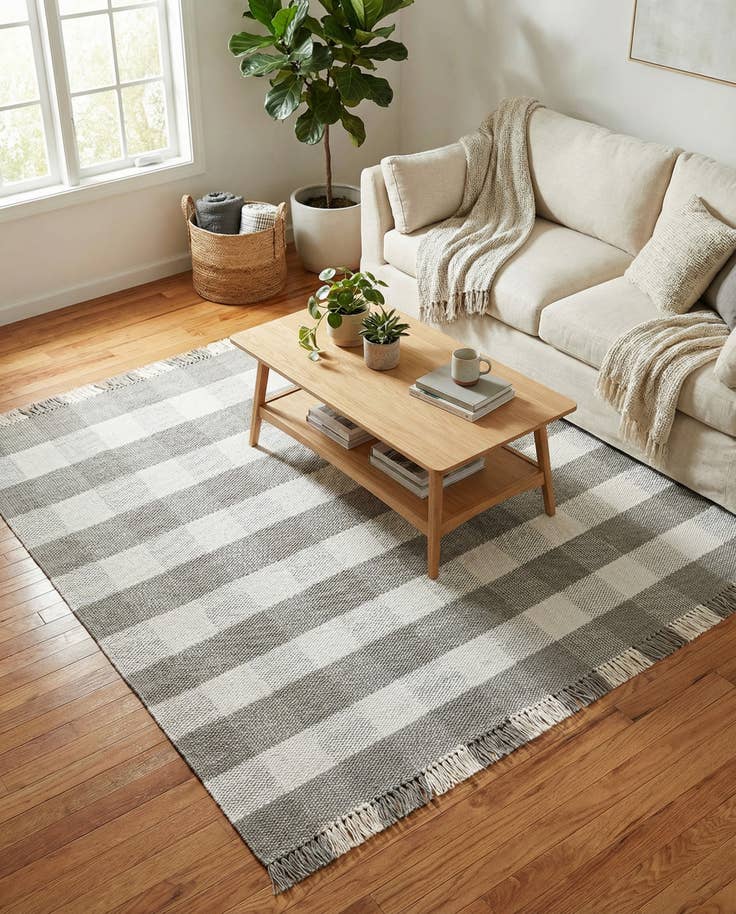 Detail image of 7' 10 x 7' 10 Easy-Clean Eco Plaid Washable Indoor / Outdoor Square Rug