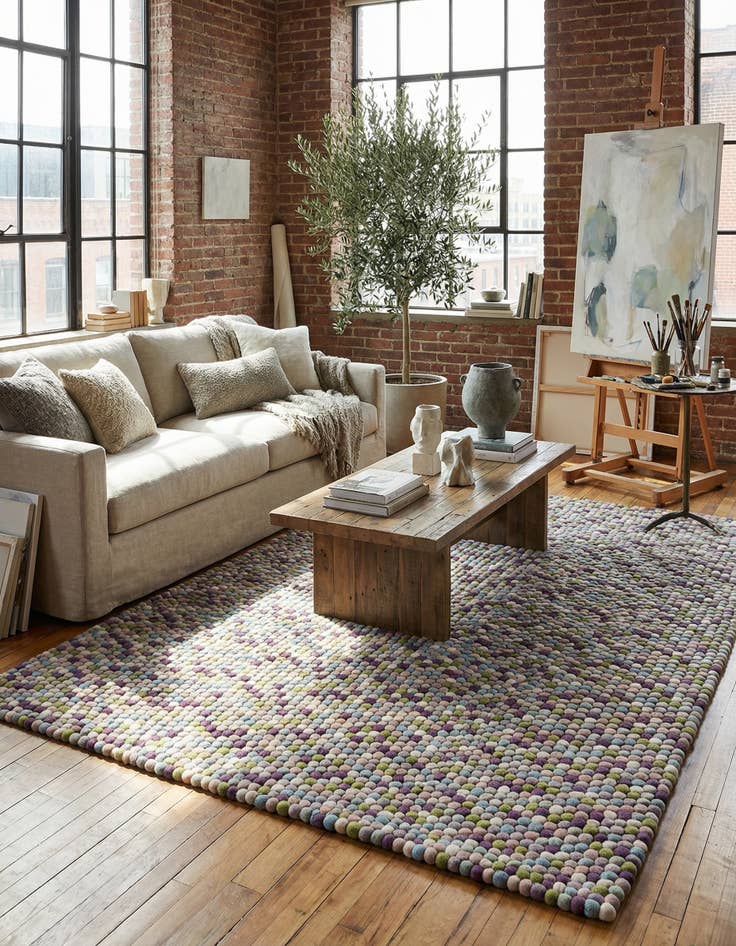 Detail image of 7' 10 x 10' Hand Woven Felt Ball Wool Rug