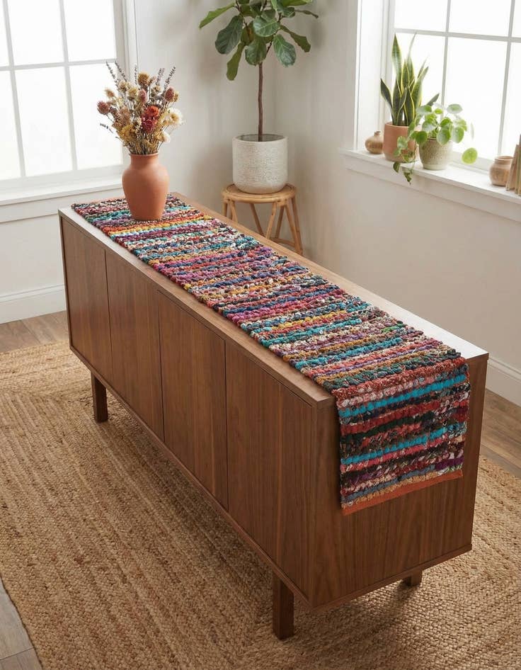 Detail image of 1' 2 x 4' 1  Hand Braided Chindi Table Runner Rug