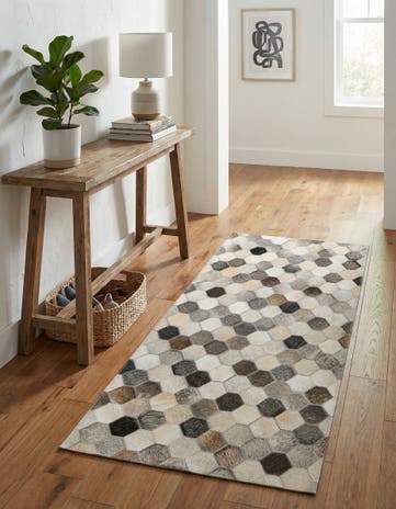 Ivory Gray Cowhide Leather Runner Rug