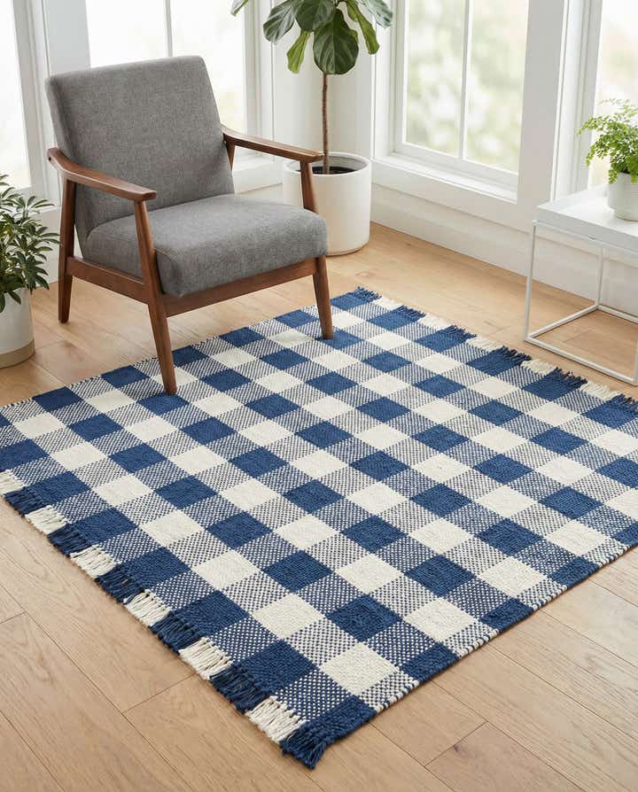 5' 3 x 5' 3 Easy-Clean Eco Plaid Washable Indoor / Outdoor Square Rug
