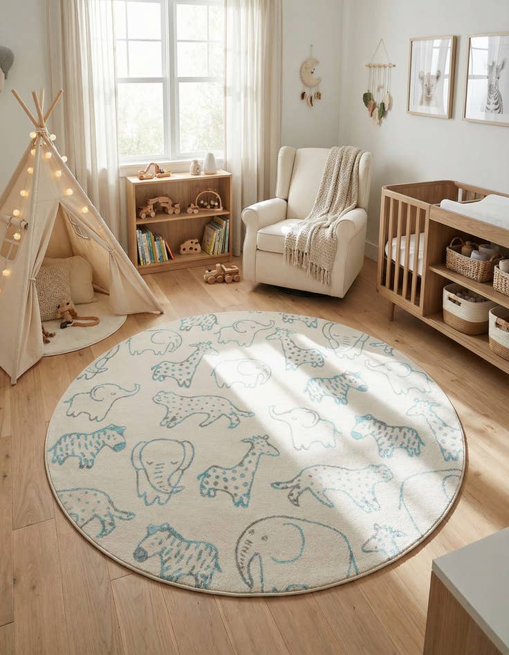 Detail image of 7' 10 x 7' 10 Animals Whimsy Kids Round Rug