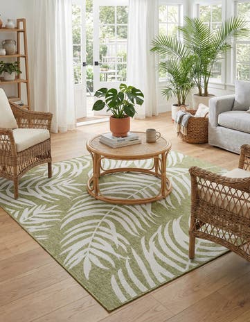 Green Easy-Clean Botanical Indoor / Outdoor Square Rug