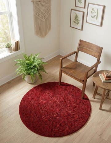 Red Botanical Shag Round Rug
