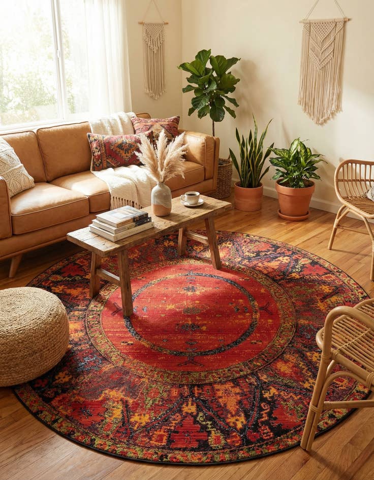 Detail image of 7' x 7' Easy-Clean Tribal Indoor / Outdoor Round Rug
