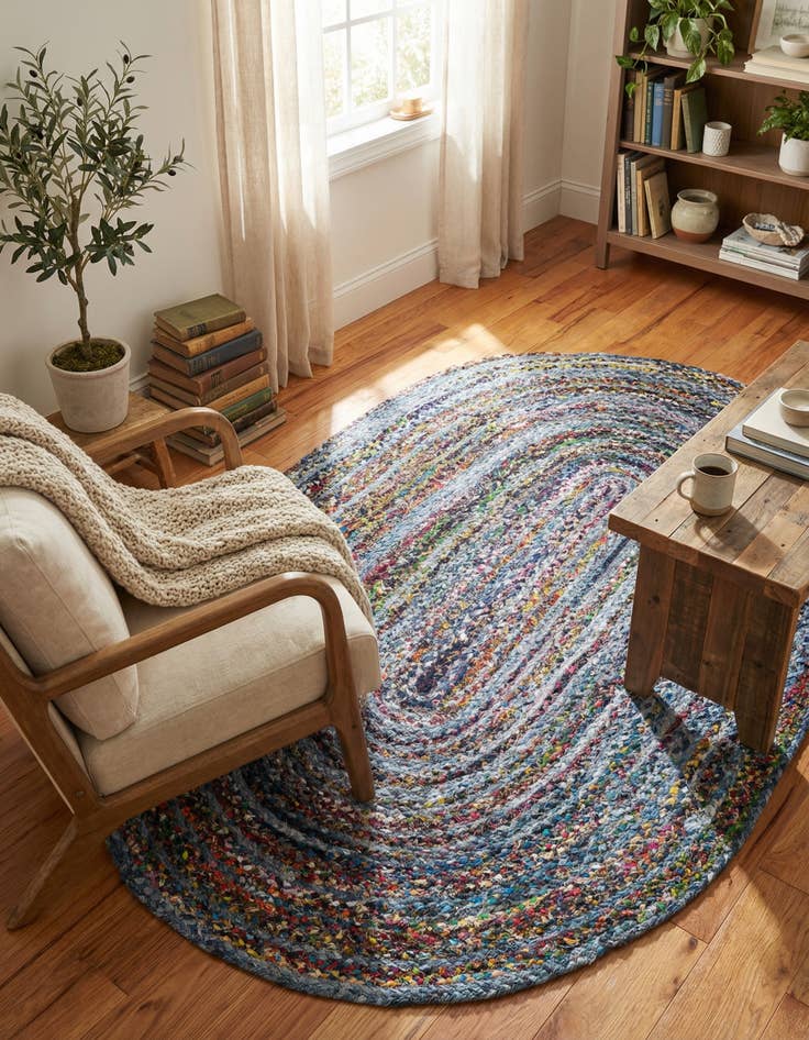 Detail image of 5' 1 x 8'  Hand Braided Chindi Oval Rug