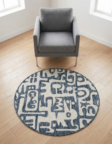 Blue Easy-Clean Modern Indoor / Outdoor Round Rug