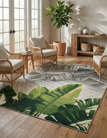 Balck and Green Easy-Clean Botanical Indoor / Outdoor Rug