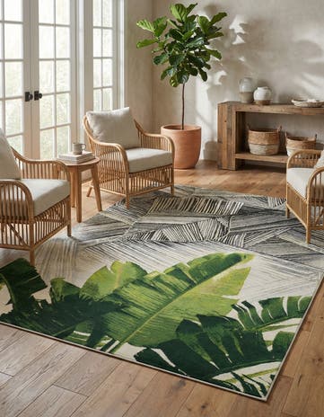 Balck and Green Easy-Clean Botanical Indoor / Outdoor Rug