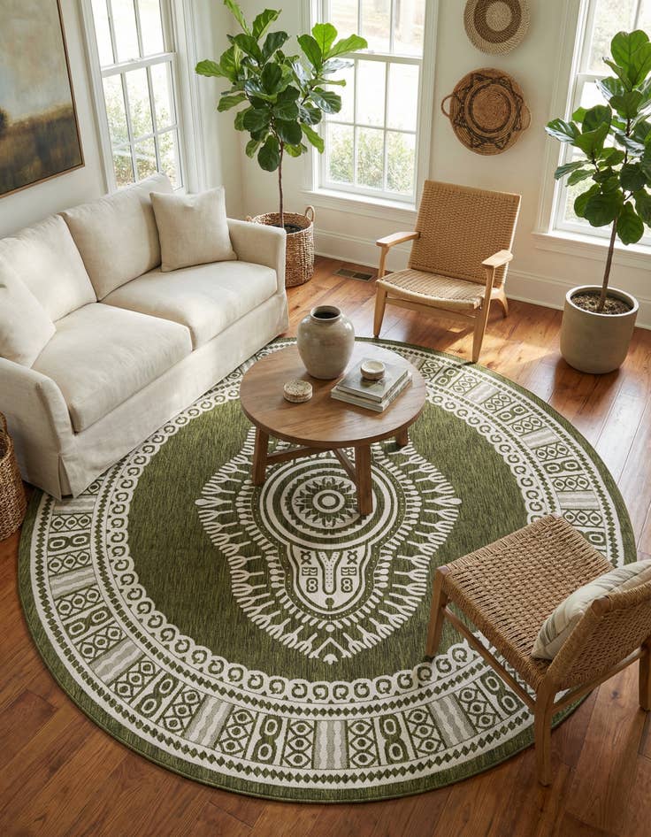 Detail image of 12' x 12'  Washable Traditional Indoor / Outdoor Round Rug