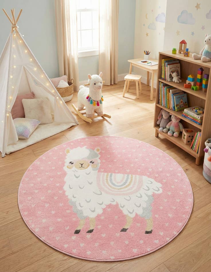 Detail image of  5' 3 x 5' 3 Llama Whimsy Kids Round Rug