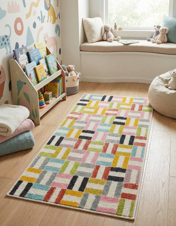 Detail image of 2' 2 x 4' Checkered Whimsy Kids Runner Rug