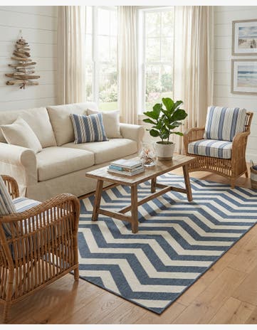 Navy Blue Easy-Clean Coastal Indoor / Outdoor Rug