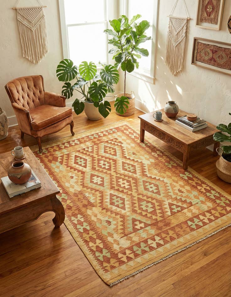 Detail image of 4' 10 x 6' 4 Hand Woven Kilim Waziri Wool Rug