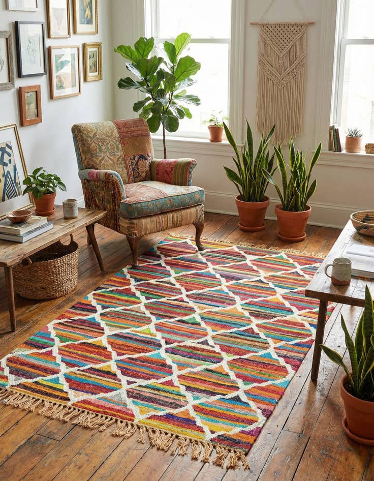 Detail image of 4' 1 x 6' 1  Hand Woven Chindi Trellis Rug