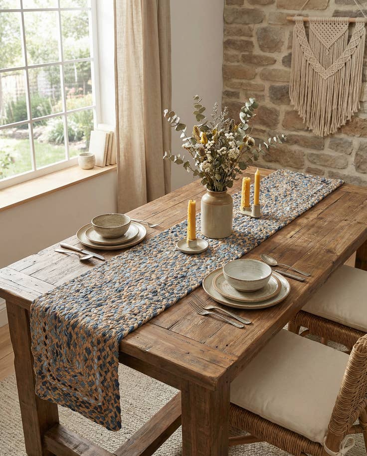 Detail image of 1' 2 x 5' 1 Handmade Braided Chindi Table Runner Rug