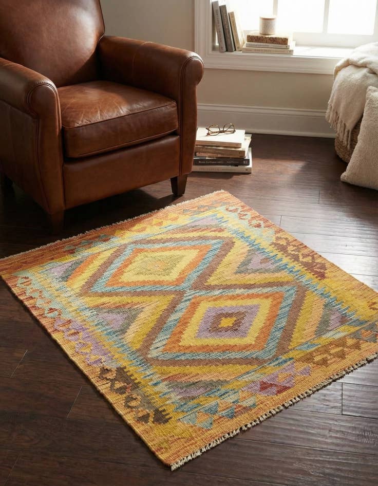 Detail image of 3' x 3' 8 Hand Woven Kilim Maymana Wool Square Rug