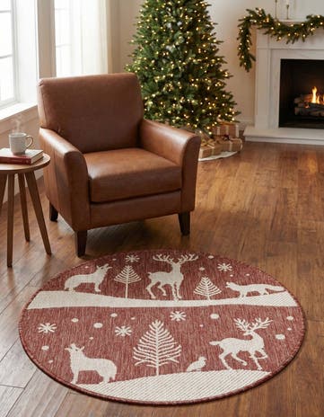 Red Easy-Clean Holiday Indoor / Outdoor Round Rug