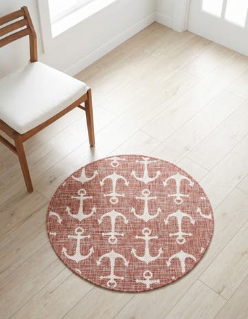 Rust Red Easy-Clean Coastal Indoor / Outdoor Round Rug