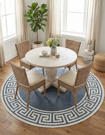 Navy Blue Easy-Clean Coastal Indoor / Outdoor Round Rug