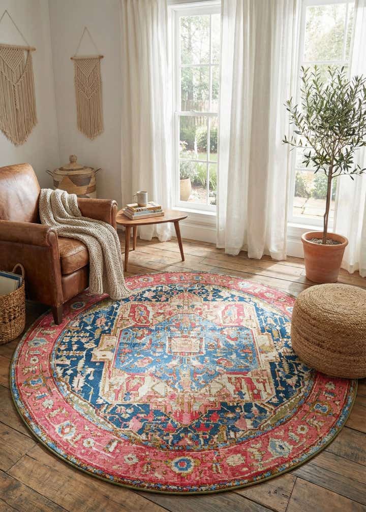 7' x 7' Easy-Clean Traditional Indoor / Outdoor Round Rug