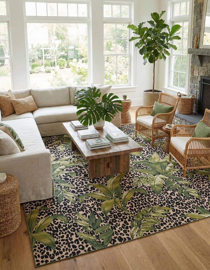 Detail image of 12' x 12'  Washable Botanical Indoor / Outdoor Square Rug