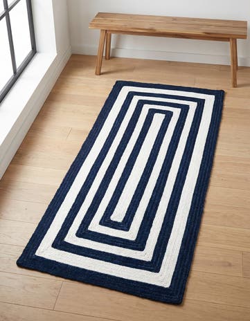 Navy Blue and White Easy-Clean Eco Verse Washable Indoor / Outdoor Runner Rug