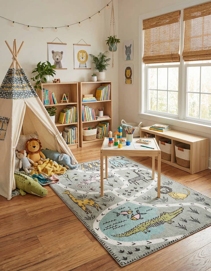 Detail image of 5' 3 x 8' Animals Whimsy Kids Rug