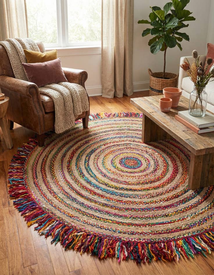 Detail image of  7' 10 x 7' 10  Hand Braided Chindi Jute Round Rug