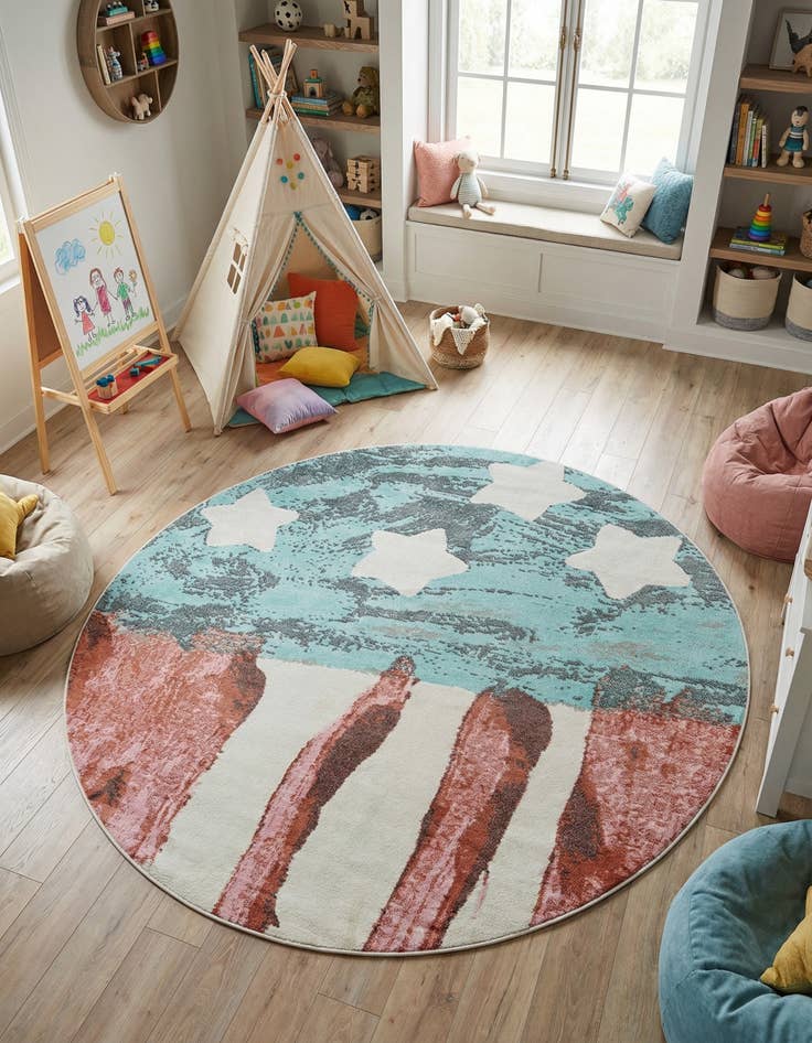 Detail image of 7' 10 x 7' 10 American Flag Whimsy Kids Round Rug