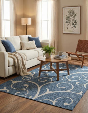 Blue Easy-Clean Botanical Indoor / Outdoor Rug