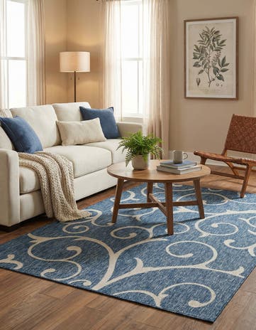 Blue Easy-Clean Botanical Indoor / Outdoor Rug