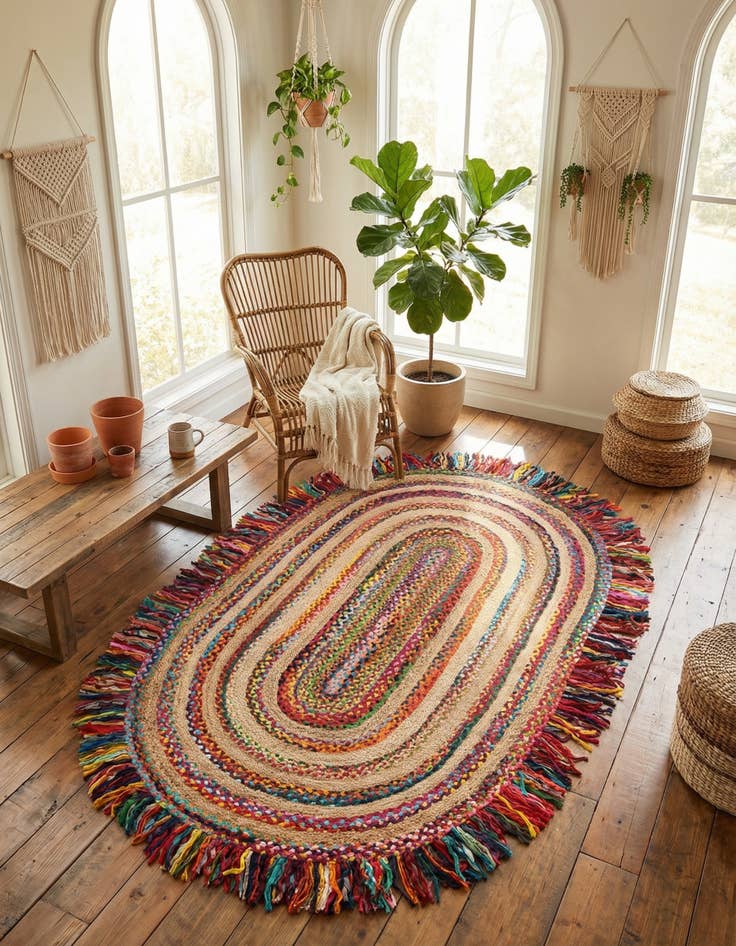 Detail image of  5' 1 x 8'  Hand Braided Chindi Jute Oval Rug