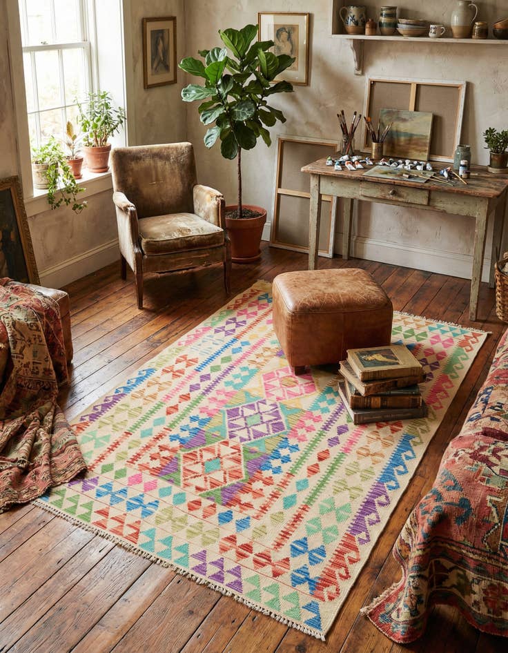 Detail image of 3' 10 x 6' Hand Woven Kilim Maymana Wool Rug