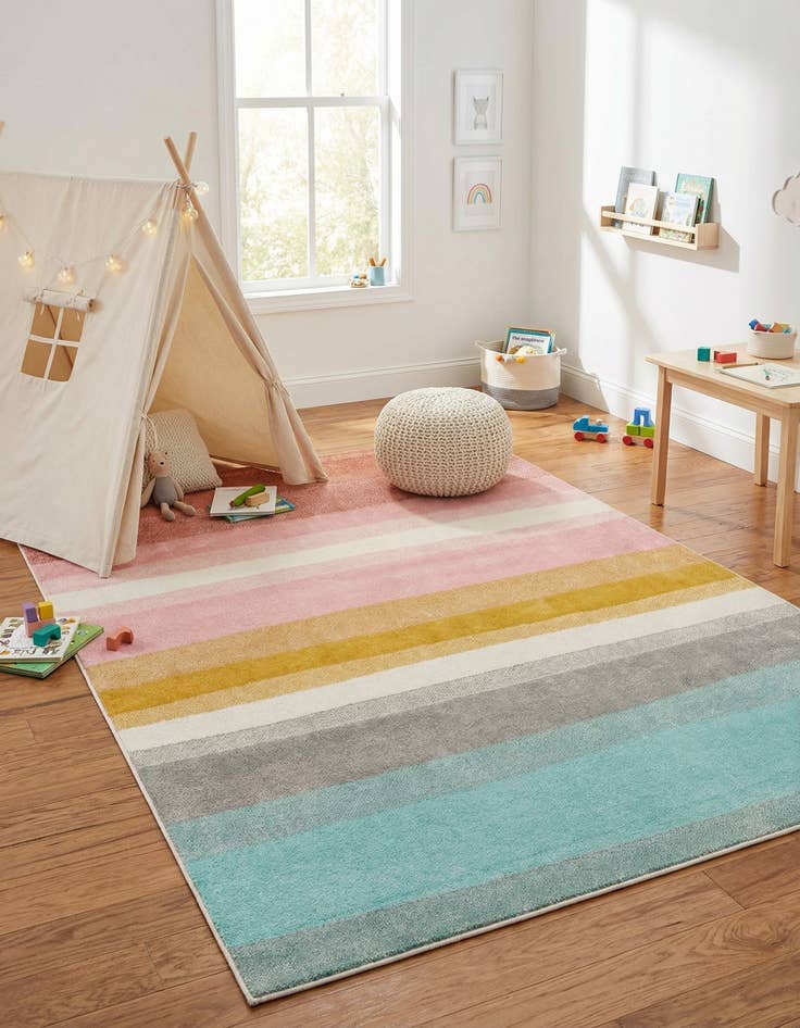 Detail image of 5' 3 x 8' Rainbow Stripes Whimsy Kids Rug