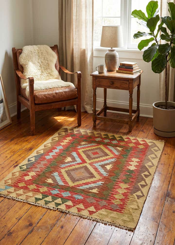 3' 1 x 3' 6 Hand Woven Kilim Maymana Wool Square Rug