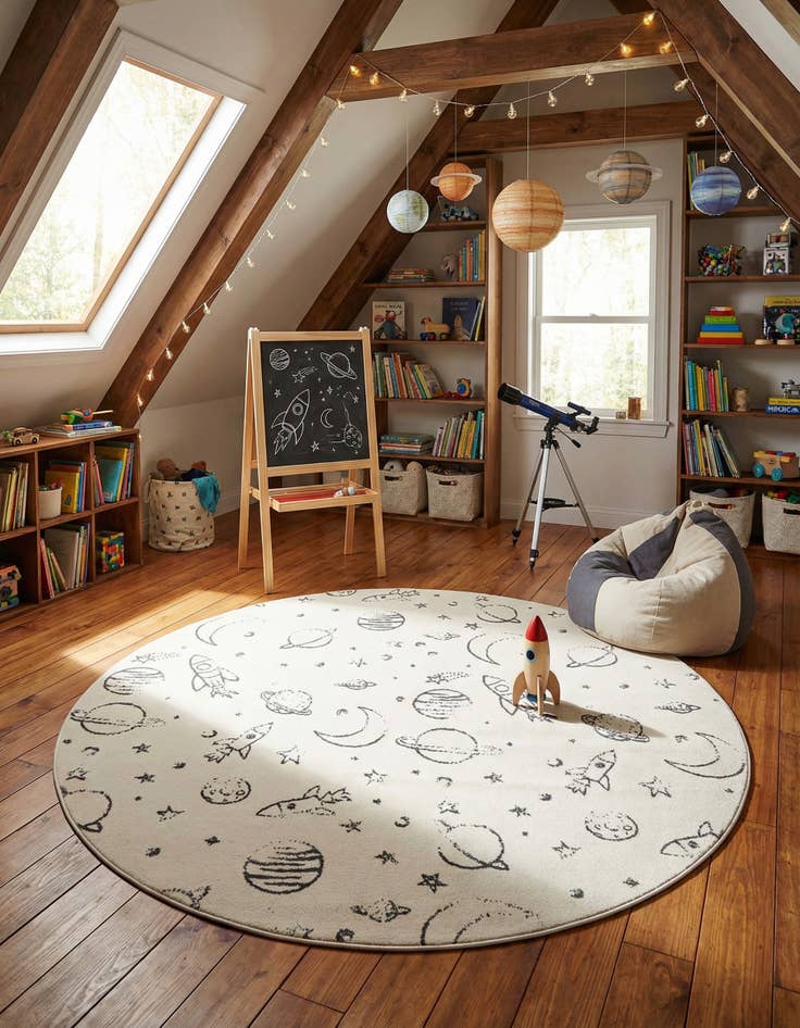 Detail image of 7' 10 x 7' 10 Planets Whimsy Kids Round Rug