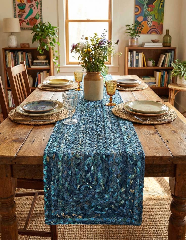 Detail image of 1' 2 x 8' Handmade Braided Chindi Table Runner Rug