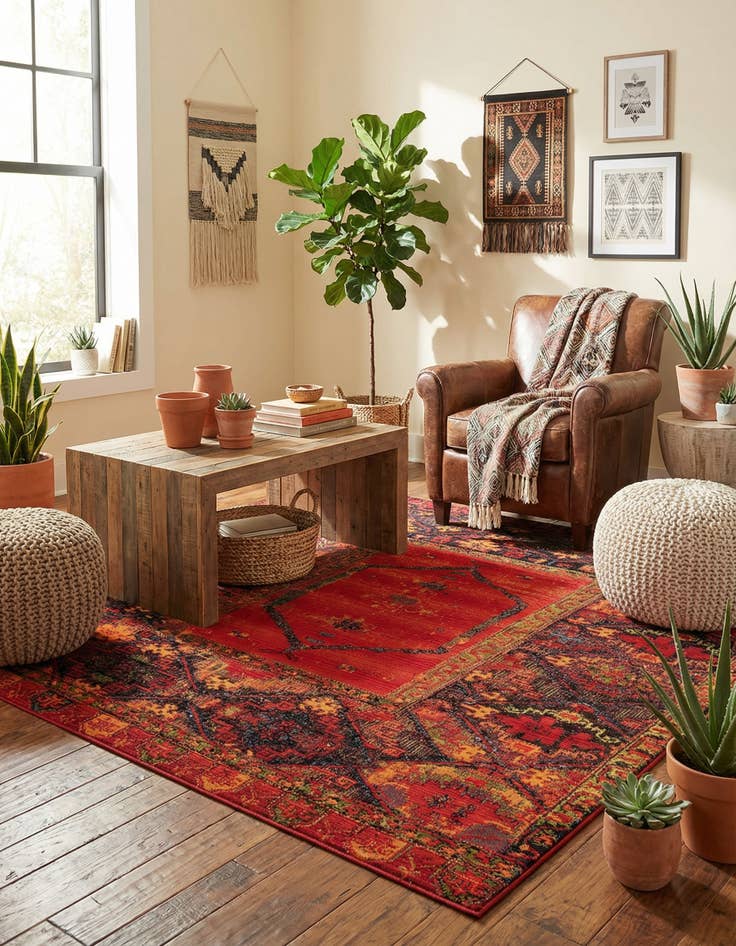 Detail image of 7' 10 x 7' 10 Easy-Clean Tribal Indoor / Outdoor Square Rug