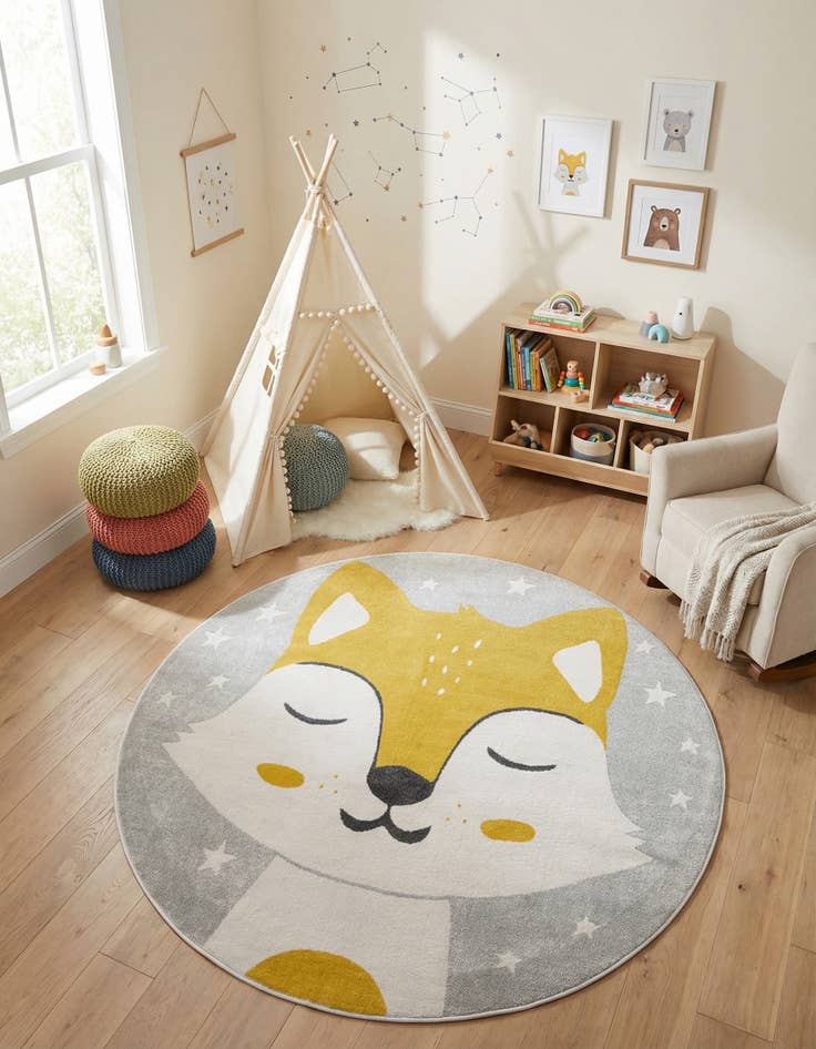 Detail image of 7' 10 x 7' 10 Fox Whimsy Kids Round Rug