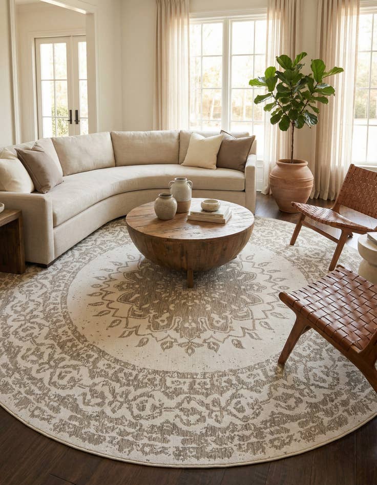 Detail image of 12' x 12'  Washable Traditional Indoor / Outdoor Round Rug