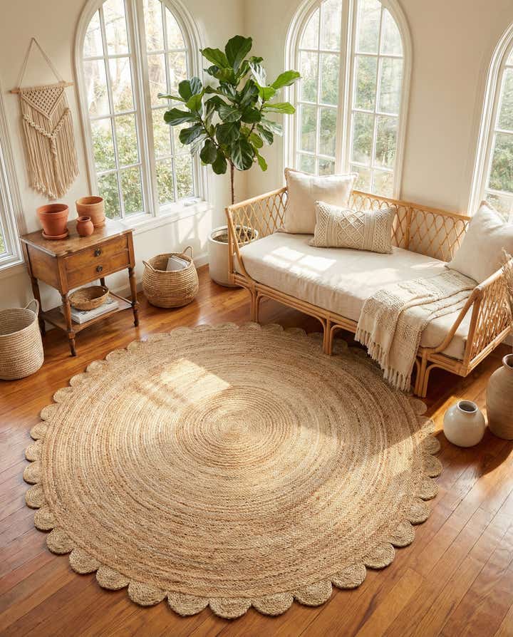 7' 10 x 7' 10 Hand Woven Scallop Braided Jute Round Rug