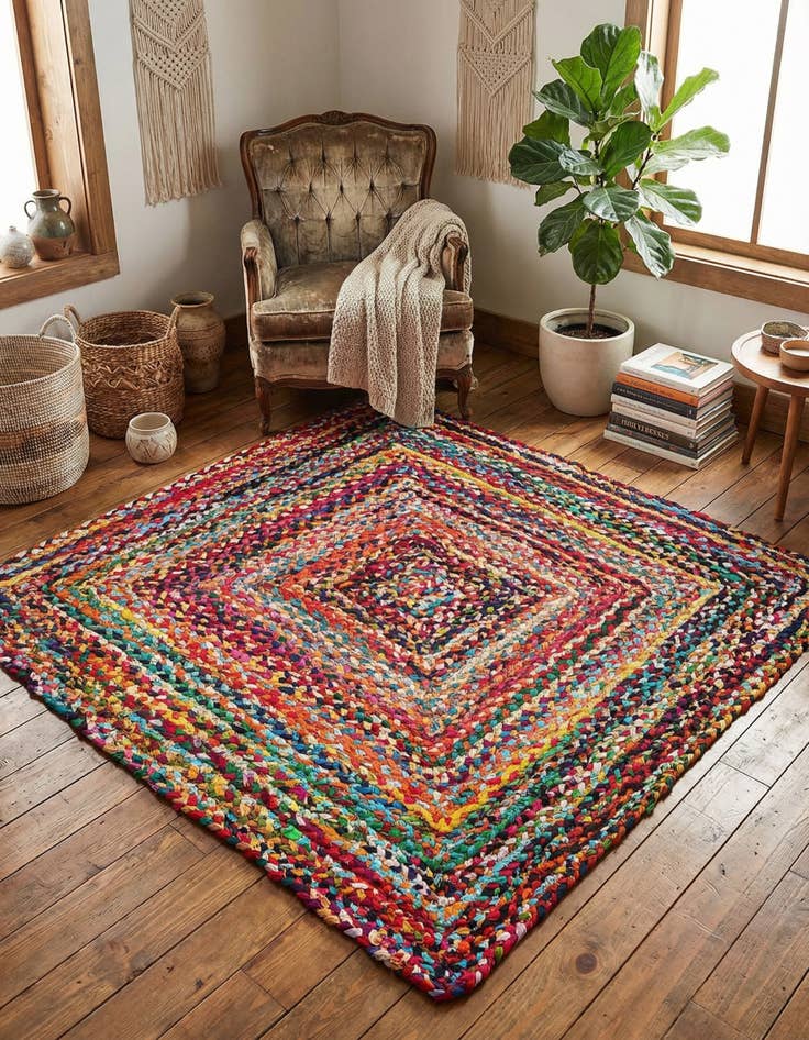 Detail image of 4' 1 x 4' 1 Handmade Braided Chindi Square Rug