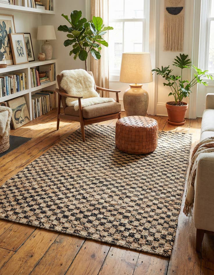 Detail image of 4' 1 x 6' 1 Hand Woven Checkered Jute Wool Rug