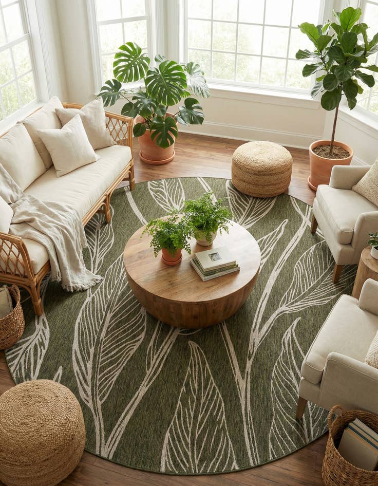 Detail image of 12' x 12'  Washable Botanical Indoor / Outdoor Round Rug